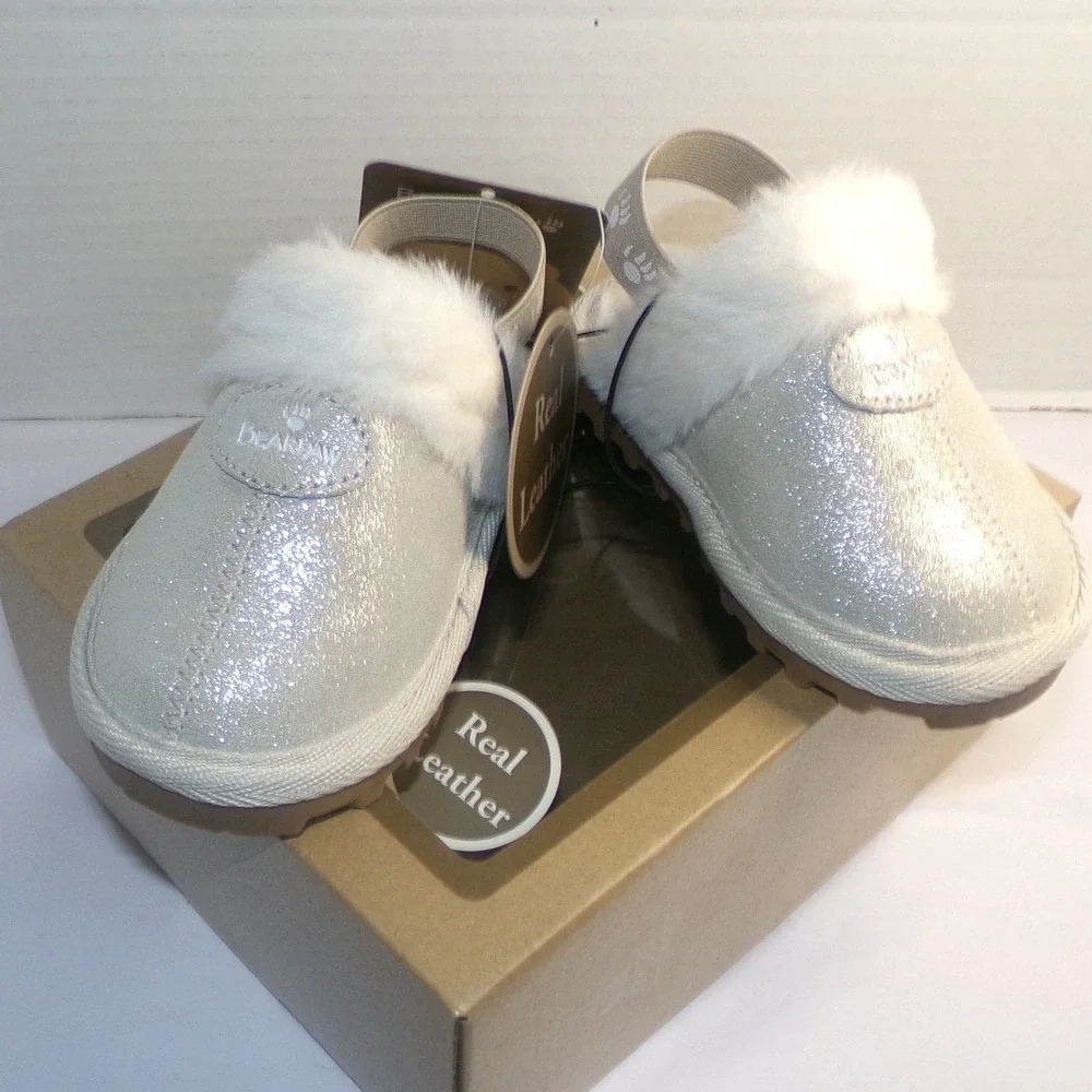 Bearpaw Baby Girls Glitter Leather Slippers Faux Fur Elastic Strap Silver Size 5